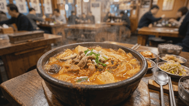 Kimchi stew boiling in restaurant