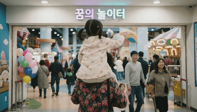 Indoor amusement park enjoyed by grandmother and her granddaughter giving piggyback ride