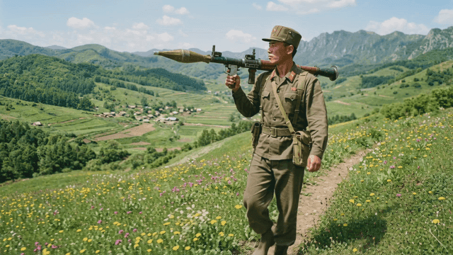 North Korean soldiers holding bazookas in beautiful field