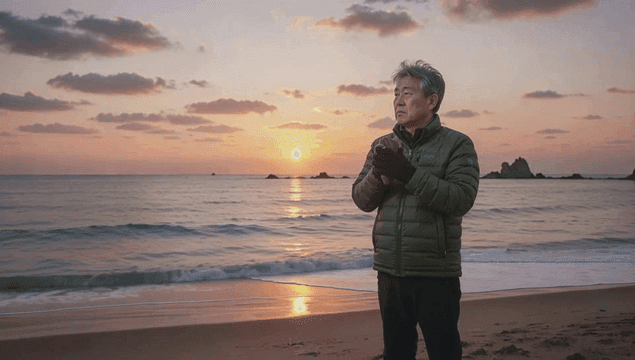 노을 지는 해변의 노인