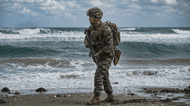 Soldier walking on wave-crashing beach