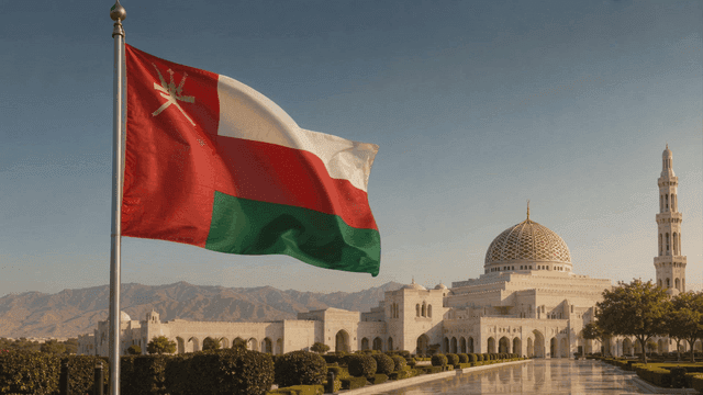 Magnificent Oman mosque with fluttering flags
