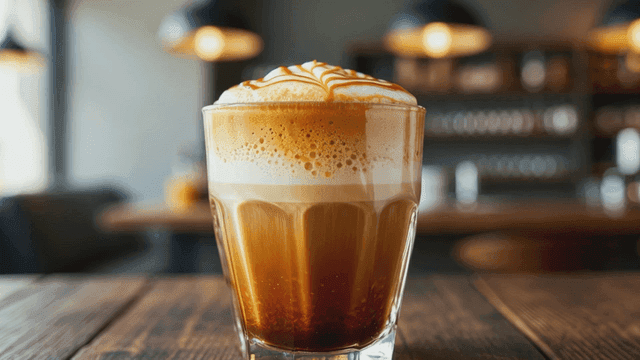 나무 테이블 위의 크리미한 카라멜 마키아토