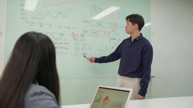 Man wearing navy blue shirt presenting on whiteboard in office