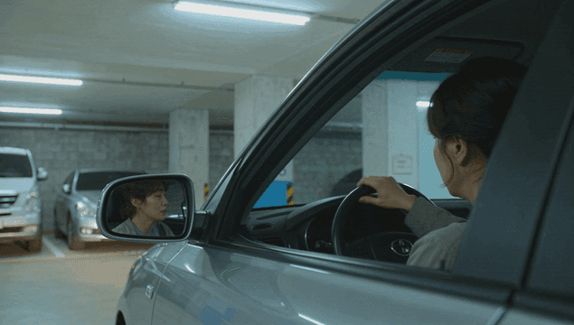 주차장에서 차를 주행해 나가는 여성