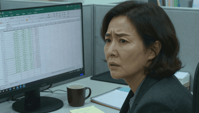 컴퓨터 앞에서 심각한 표정의 중년 여성 회사원