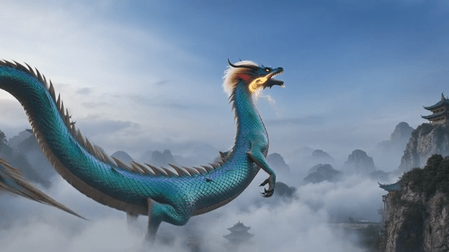 Magnificent dragon flying over foggy mountain.