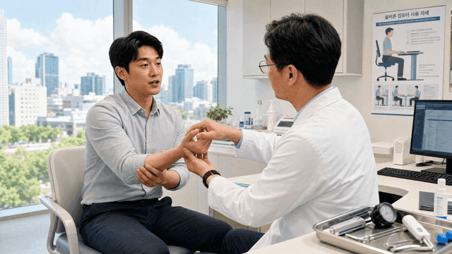 Doctor examining a patient's wrist in a clinic