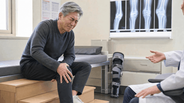 Elderly person receiving medical treatment for knee pain