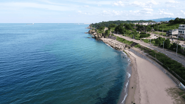 Sandy beach with clear blue water