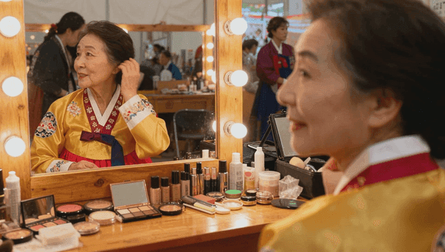 화장대 앞에서 한복을 입은 머리를 다듬는 노년 여성