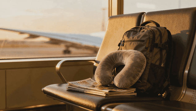 공항 좌석에 놓인 배낭과 잡지와 목베개