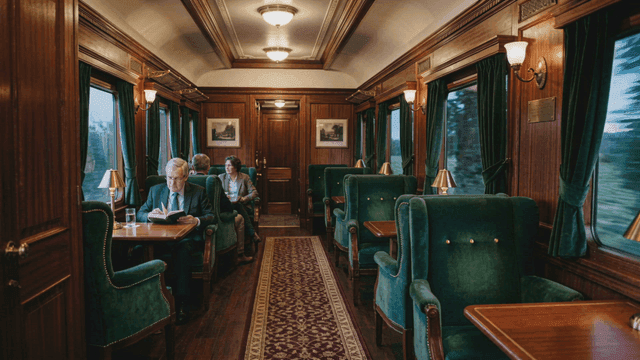 Elegant train interior with classic passengers