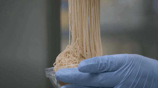 Scene where dessert toppings are pressed into bowl in shape of noodles.