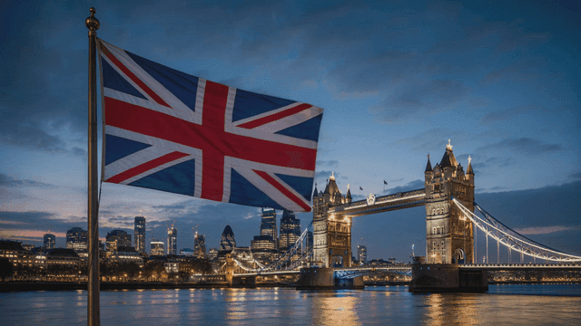 Union Jack waving near Tower Bridge at dusk