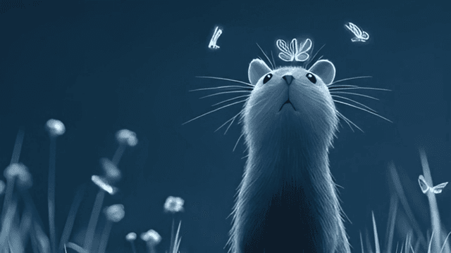 빛나는 나비를 바라보는 호기심 많은 고양이