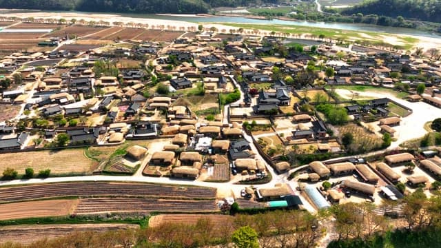 Traditional Korean house village with vast mountains