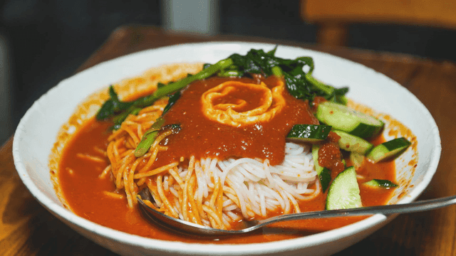 Spicy young radish bibim noodles with vegetables