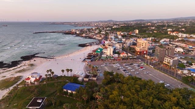 Coastal town with a sandy beach and ocean