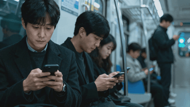 People staring only at smartphones in the subway