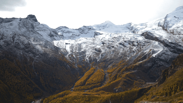 가을 단풍과 눈 덮인 산