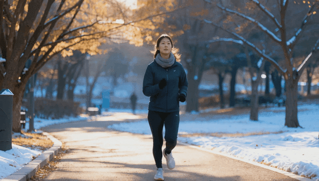 눈 덮인 공원 길을 조깅하는 여성
