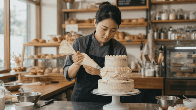 Baker decorating cake at bakery