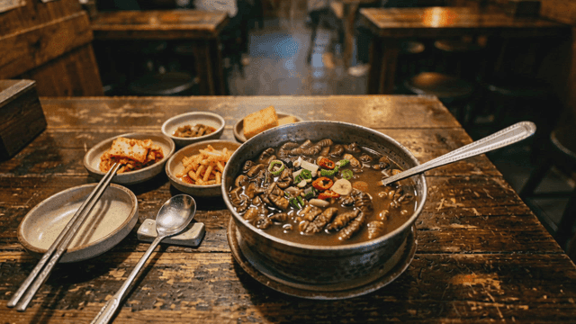 Steaming silkworm pupa soup at cozy restaurant