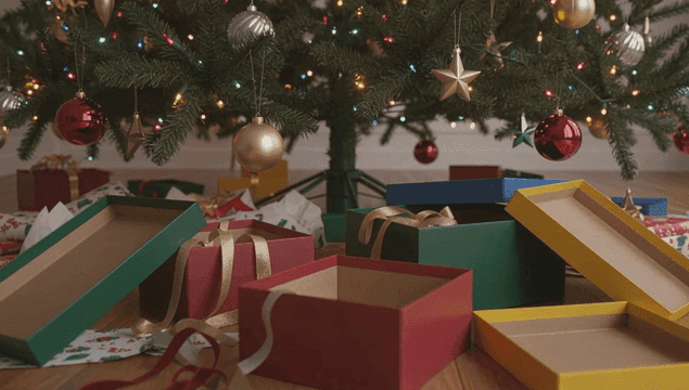 열린 선물 상자와 크리스마스 트리