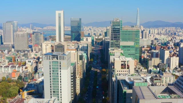 Bustling city with tall skyscrapers