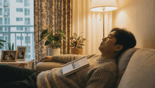 Man fell asleep on sofa while reading book
