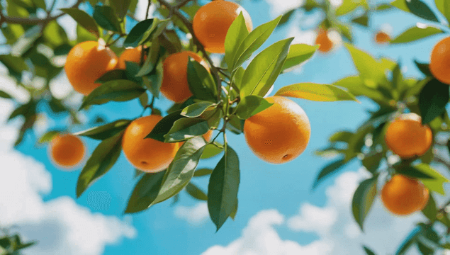 나무 가지에 매달린 잘 익은 오렌지