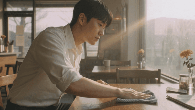Man wiping tables in cozy cafe