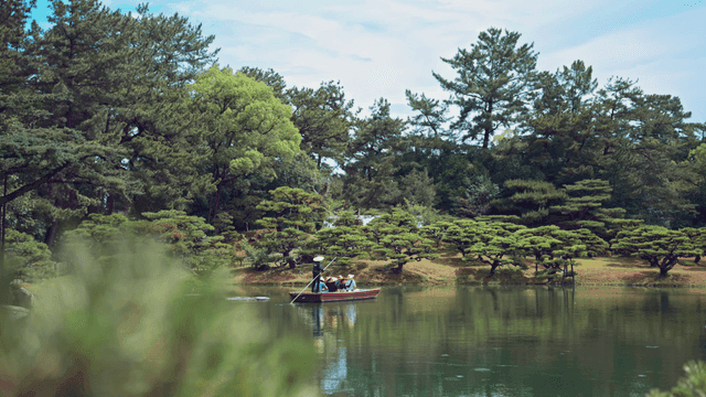 Serene boat ride in a lush lake