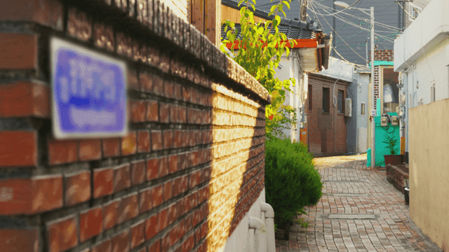 Quiet alley with brick walls and plants