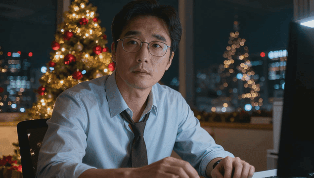 크리스마스에 늦게까지 일하는 남자