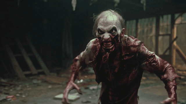 어두운 방의 피가 나오는 무서운 좀비