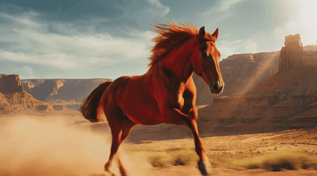 Red horse running through desert landscape