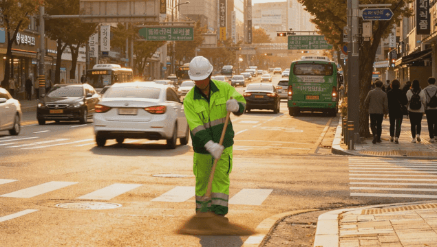 Street cleaner sweeping busy road
