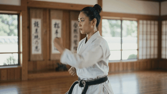 Martial artist practicing martial arts at dojo