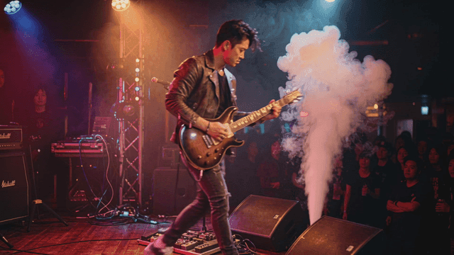 Energetic guitarist performing on stage