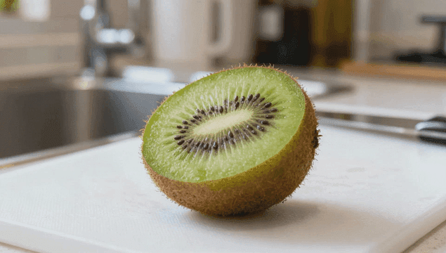 도마 위에 반으로 자른 신선한 키위