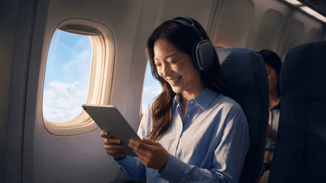 Woman smiling while looking at tablet on airplane