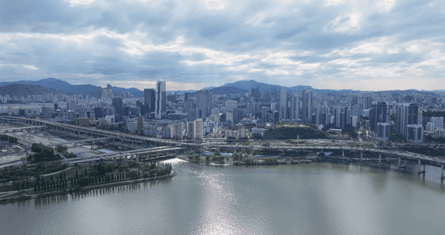 Vibrant cityscape overlooking river