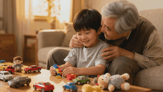 장난감을 가지고 노는 할아버지와 손자