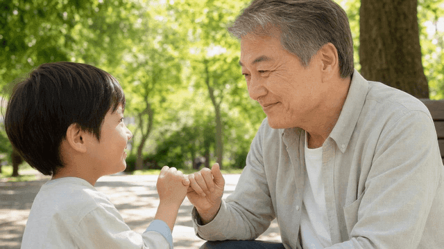 Grandfather and child making pinky promise in park