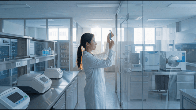Scientist examining a vial in a lab