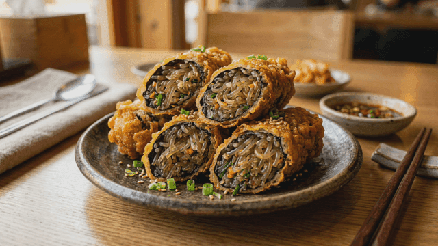 Crispy fried seaweed rolls on plate