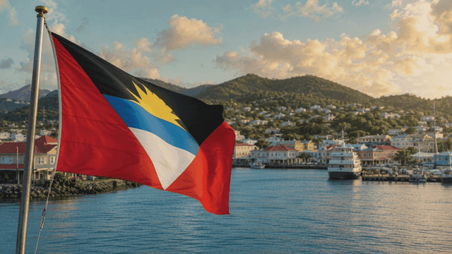 Antigua and Barbuda flag fluttering on seashore and village