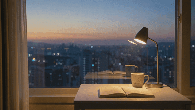 창가에 있는 책과 램프가 있는 책상